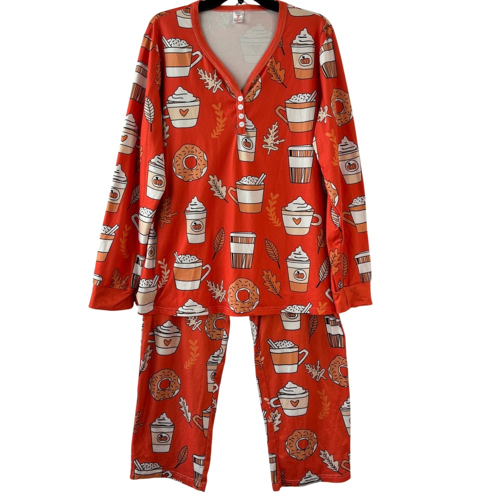 Shirley & Stone Women's Orange Pumpkin Spice Coffee Donut Flannel Pajama Set 2XL